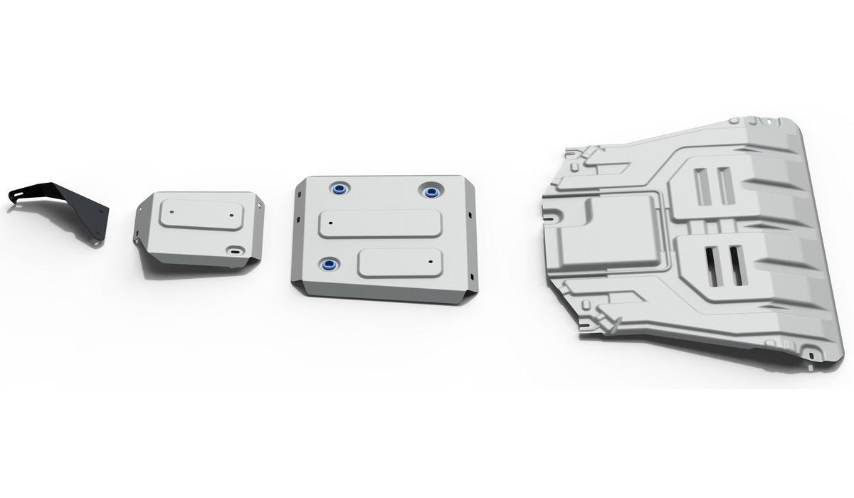 Защита картера, КПП, топливного бака и адсорбера Rival для Kia Seltos FWD 2020-н.в., штампованная, алюминий 3 мм, с крепежом, 3 части, K333.2851.1