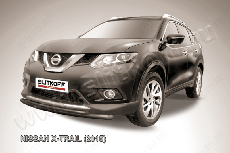 Защита переднего бампера d57+d42 двойная короткая черная Nissan X-Trail (2013-2023) , Slitkoff, арт. NXT15-004B