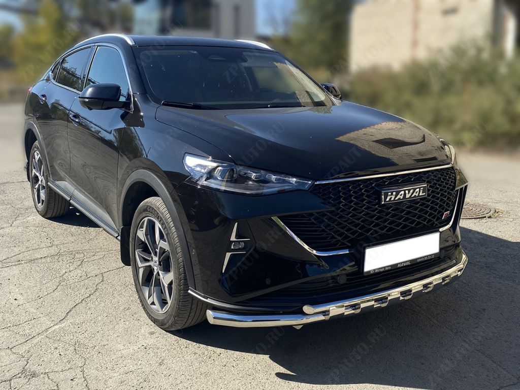 Защита переднего бампера двойная d-60+43 с четырьмя загибами с доп.накладками для автомобиля HAVAL F7x  2022 - по наст.вр арт. HVF7X_1.2, 
Технотек