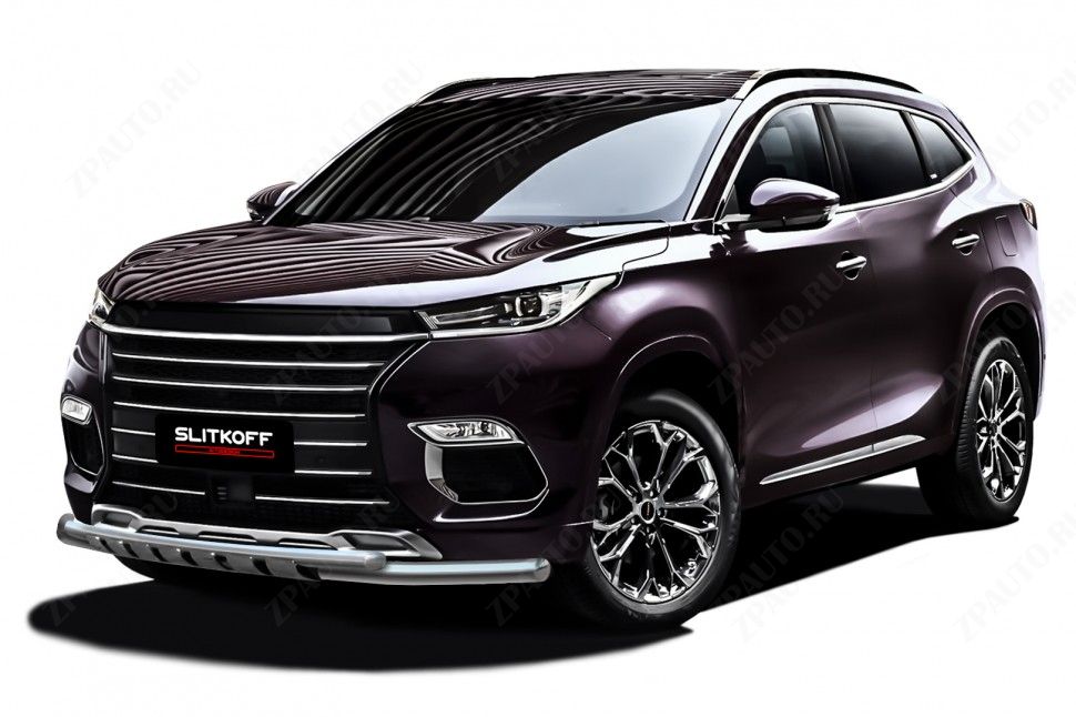 Защита переднего бампера d57+d42 двойная с декоративными элементами Chery Exeed TXL (2021-2023) , Slitkoff, арт. CHEX-TXL-001