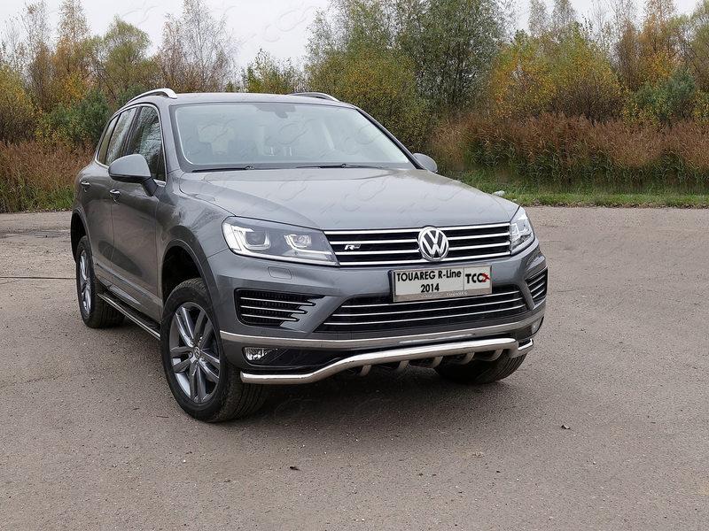 Защита передняя нижняя (кенгурин) 60,3/42,4 мм для автомобиля Volkswagen  Touareg R-Line 2014, TCC Тюнинг VWTOUARRL14-11