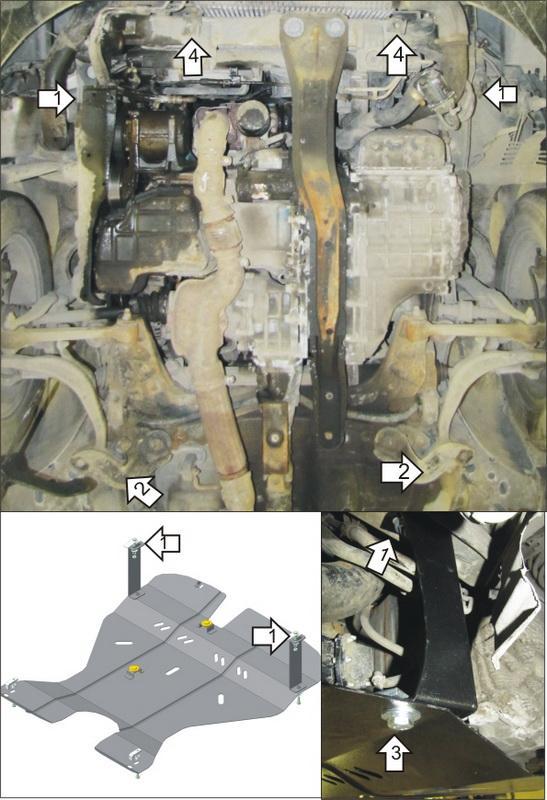 Защита стальная Мотодор (Двигатель, Коробка переключения передач, Масляного фильтра, Передний дифференциал), 2 мм, Сталь для Mitsubishi Galant VIII 1996-2004 арт. 01336