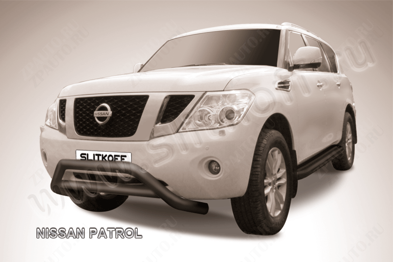 Кенгурятник d76 низкий широкий с перемычкой черный Nissan Patrol (2010-2014) , Slitkoff, арт. NIPAT008B