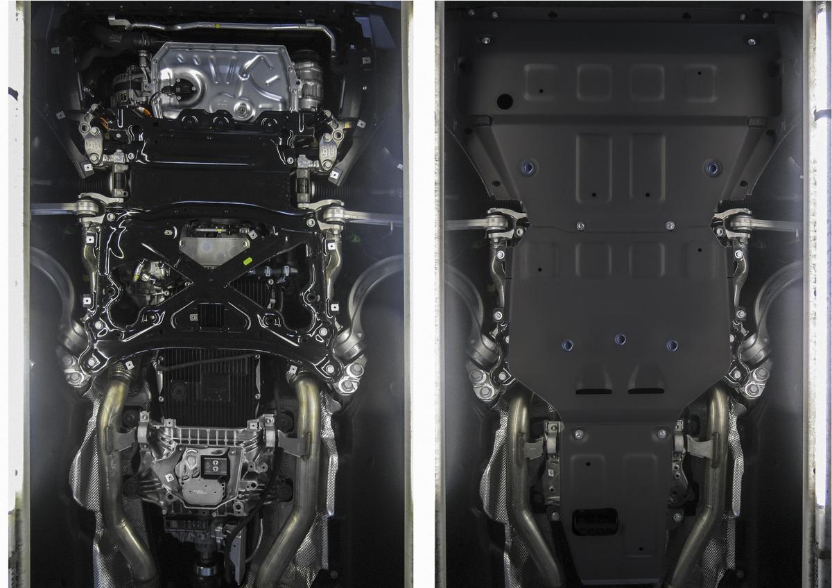 Защита картера, КПП и РК Rival (черная) для Porsche Cayenne III 2017-н.в., штампованная, алюминий 4 мм, с крепежом, 3 части, K333.4615.1