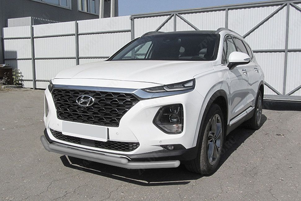 Защита переднего бампера d57+d42 двойная серебристая Hyundai Santa-Fe (2018-2021) , Slitkoff, арт. HSFT18-001S