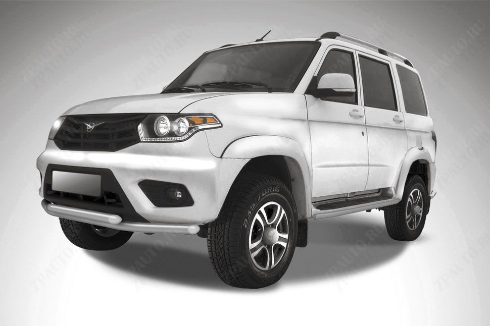 Защита переднего бампера d57+d57 двойная серебристая Uaz Patriot (2014-2023) , Slitkoff, арт. UP14-003S