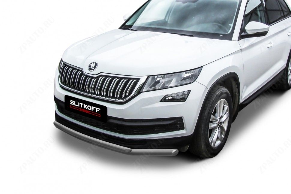 Защита переднего бампера D57+D42 серебристая Skoda Kodiaq (2016-2021) , Slitkoff, арт. SKKOD-001S
