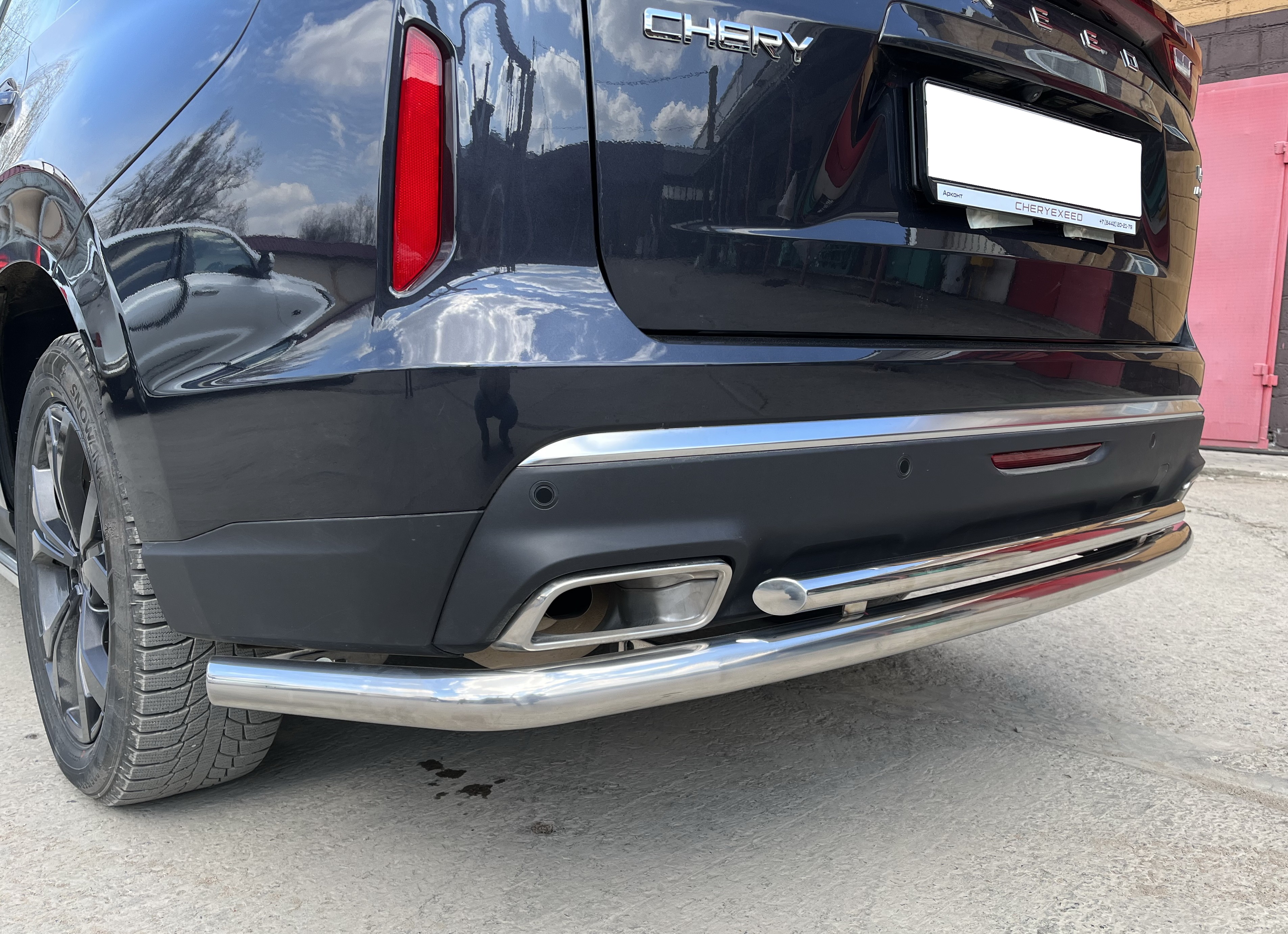 Защита заднего бампера угловая большая двойная для автомобиля CHERY CheryExeed VX 2022 арт. CHEVX.22.22