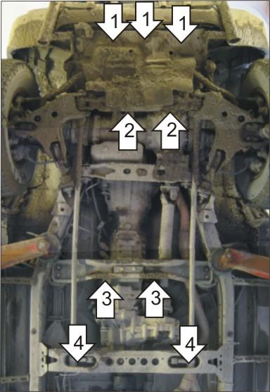 Защита стальная Мотодор (Двигатель, Передний дифференциал, Коробка переключения передач, Радиатор, Раздаточная коробка), 2 мм, Сталь для Nissan Terrano 1999-2006 арт. 01411
