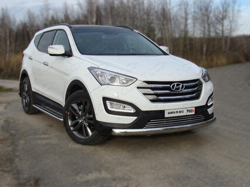 Защита передняя (овальная длинная) 75х42 мм для автомобиля Hyundai Santa Fe (DM) 2012-2018, TCC Тюнинг HYUNSF12-01