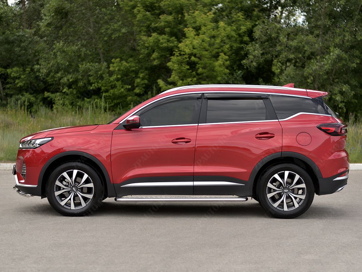 CHERY TIGGO 7 PRO 2020- Пороги труба d42 с листом (Лист алюм, проф. нерж) (вариант 1) CHT7L-0038741