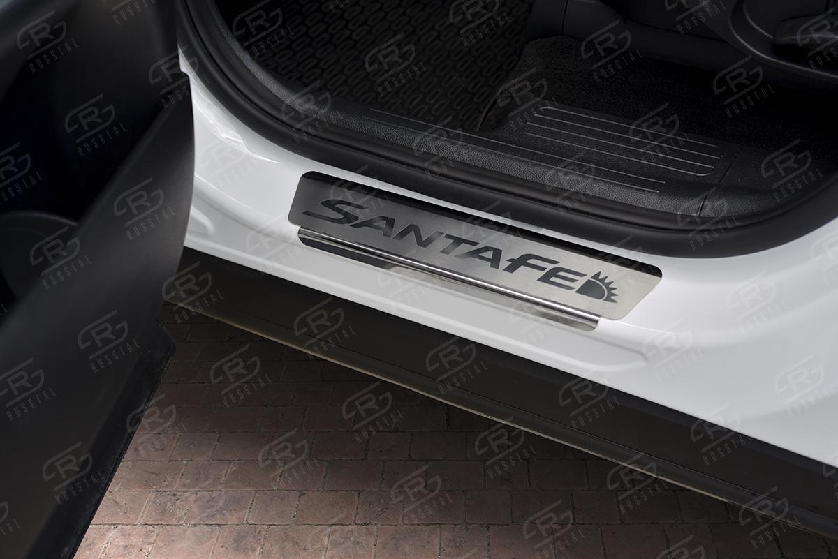 HYUNDAI SANTA FE 2021- Накладки на пороги RUSSTAL (нерж., шлиф., надпись) HYSFE21-03