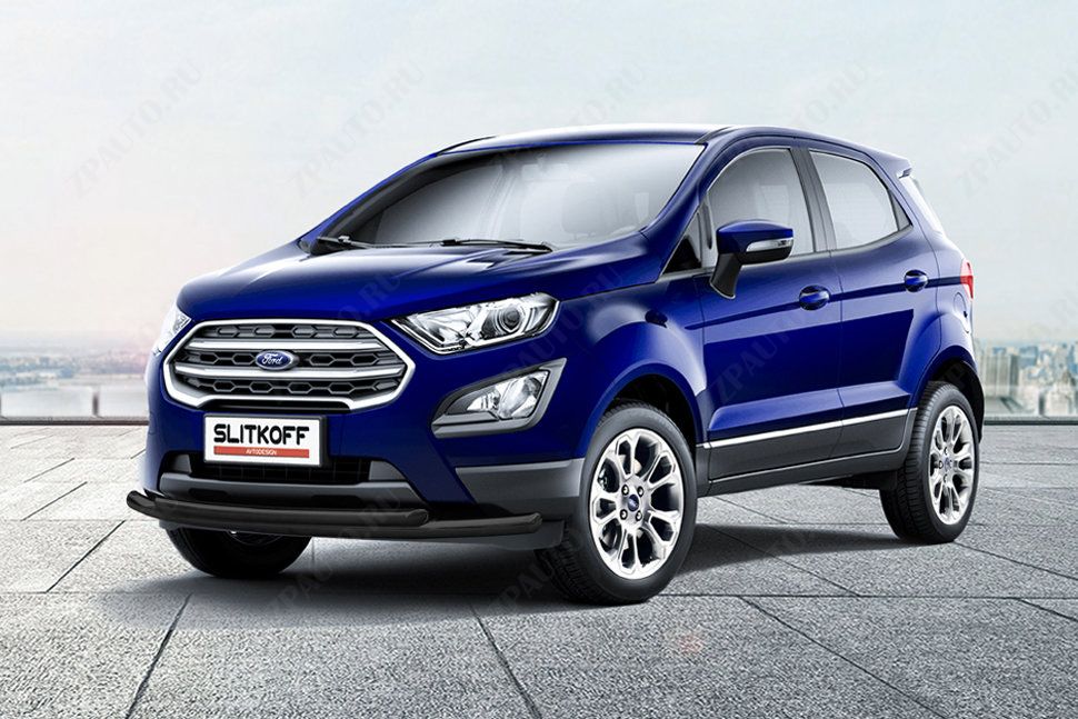 Защита переднего бампера d57+d42 двойная черная Ford EcoSport (2017-2023) , Slitkoff, арт. FES001B