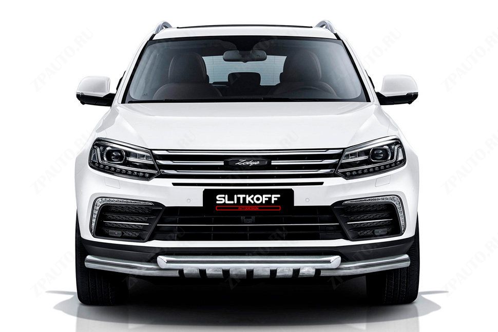 Защита переднего бампера d57+d57 с декоративными элементами Zotye Coupa (2013-2023) Black Edition, Slitkoff, арт. ZOTCOP-001BE