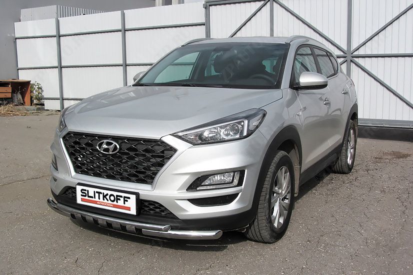 Защита переднего бампера d57+d42 двойная с декоративными элементами Hyundai Tucson (2018-2021) Black Edition, Slitkoff, арт. HT18001BE