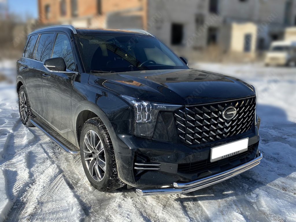 Защита переднего бампера с подгибами двойная d-60+43  для автомобиля GAC GS8 2021-наст.вр. арт. GGS8_1, 
Технотек