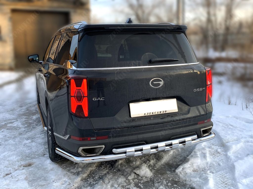 Защита заднего бампера полноразмерная двойная d-60+43 с доп.накладками для автомобиля GAC GS8 2021-наст.вр. арт. GGS8_3.2, Технотек