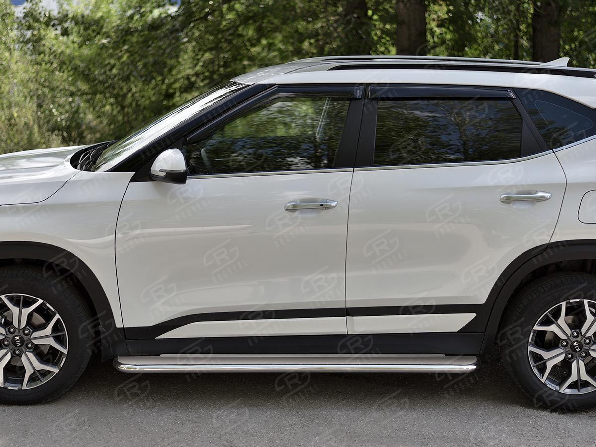 Пороги труба d42 с листом (Лист нерж, проф. нерж) (вариант 3) KSLL-0034173 для автомобиля Kia Seltos 2019-, Slitkoff