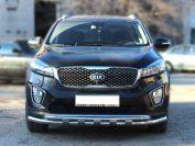 Дуга передняя по низу бампера радиусная двойная с накладками d60+43 на KIA Sorento Prime 2015, Технотек KSTP15_1.2