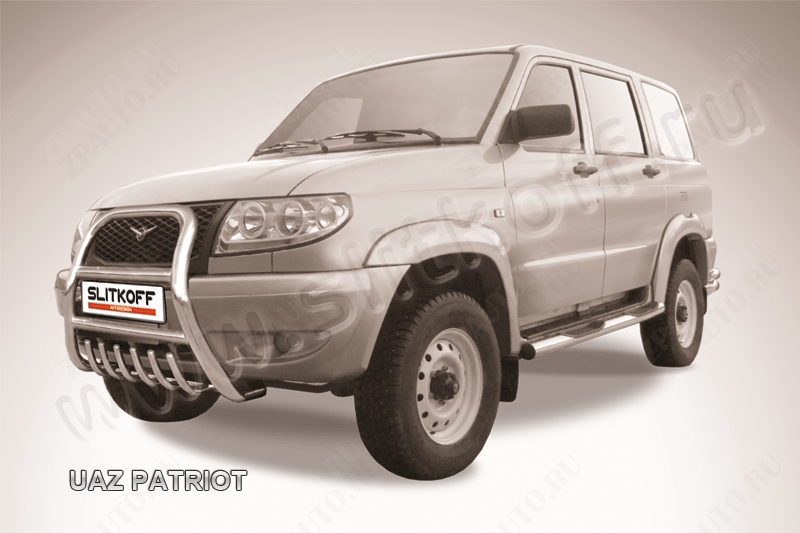 Кенгурятник d76 высокий с защитой картера Uaz Patriot (2005-2014) Black Edition, Slitkoff, арт. UP001BE