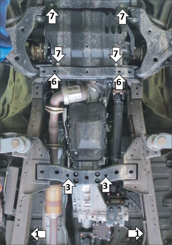 Защита стальная Мотодор (Двигатель, Коробка переключения передач, Передний дифференциал, Раздаточная коробка), 3 мм, Сталь для Mitsubishi L 200 2019- арт. 11339