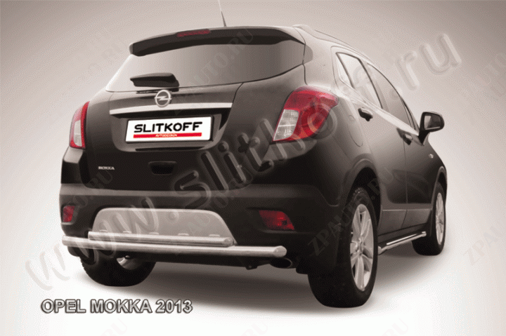 Защита заднего бампера d57+d42 двойная радиусная Opel Mokka (2012-2016) Black Edition, Slitkoff, арт. OPMOK13-010BE