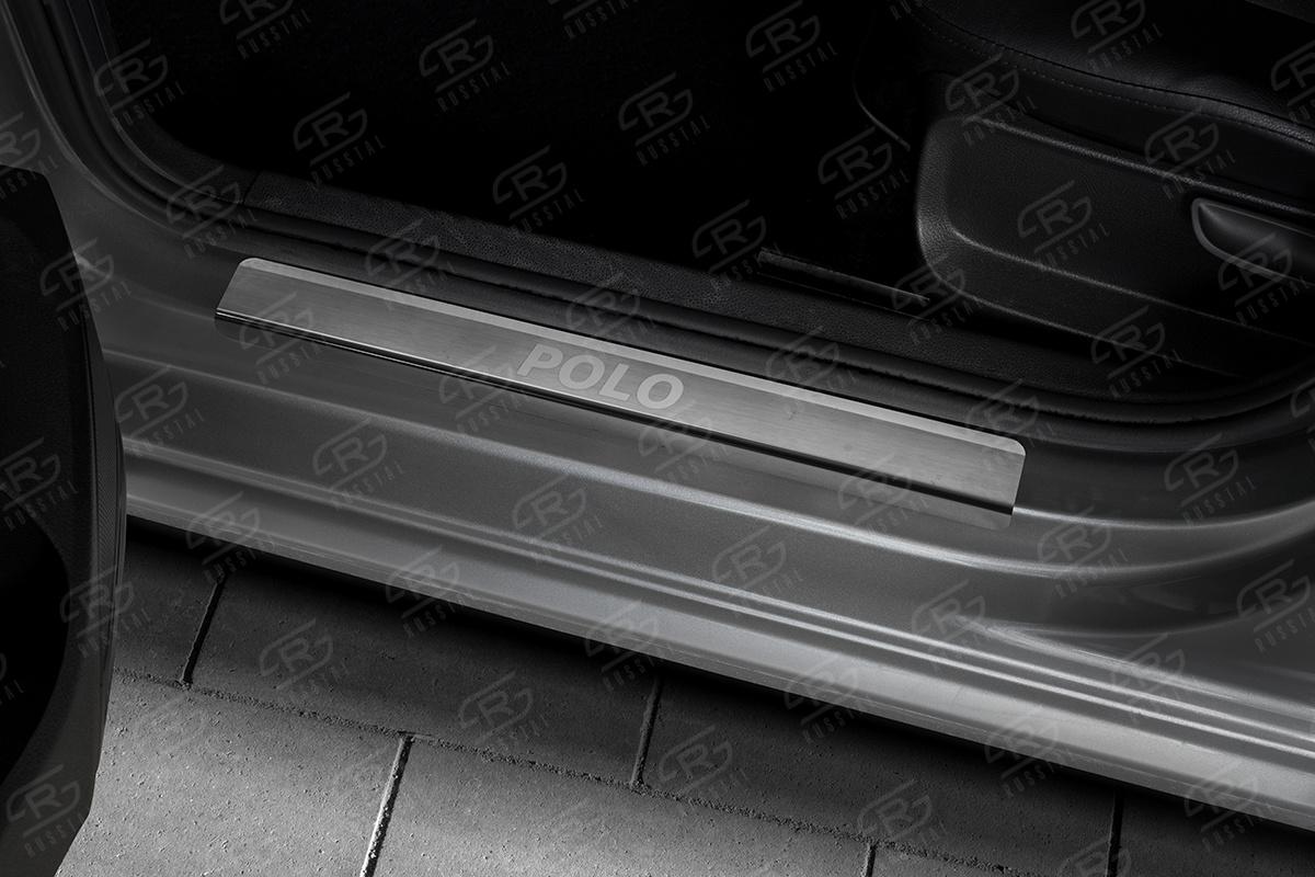Накладки на пороги RUSSTAL (нерж., шлиф., надпись) VWPOL15-03 для VOLKSWAGEN POLO 2015-2020