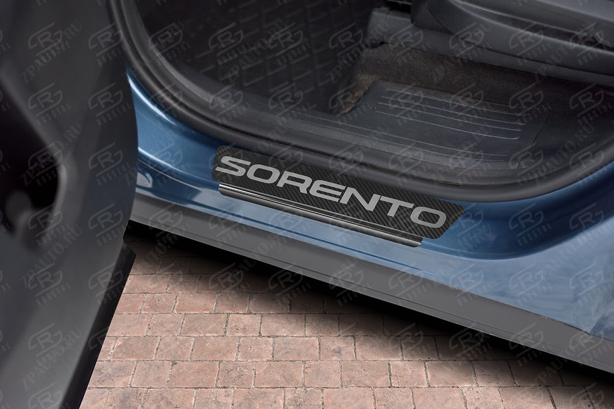 KIA SORENTO 2020- Накладки на пороги RUSSTAL (нерж., карбон, надпись) KSOR20-06