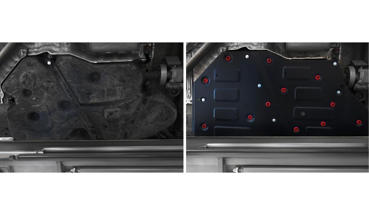 Защита топливного бака АвтоБроня для Volkswagen Teramont (V - 2.0 (220 л.с.); 3.6 (280 л.с.)) 4WD 2017-2020 2021-н.в., штампованная, сталь 1.8 мм, 2 части, с крепежом, 111.05862.1