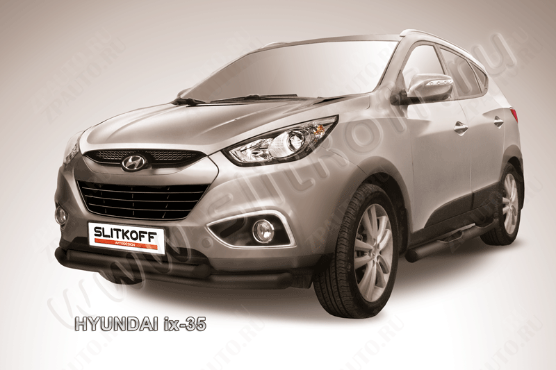 Защита переднего бампера d76+d57 двойная черная Hyundai ix-35 (2010-2015) , Slitkoff, арт. Hix35-001B