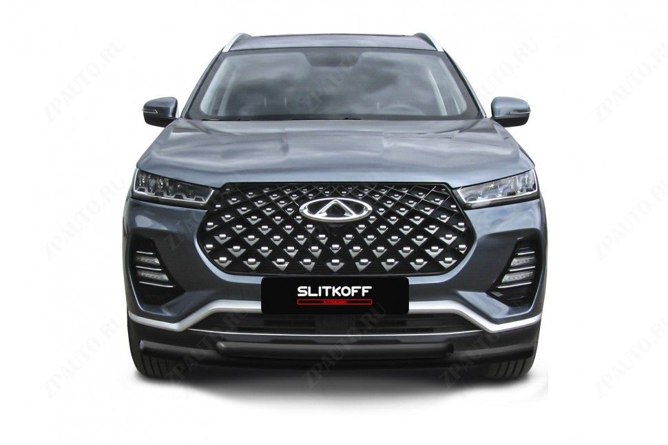 Защита переднего бампера d57+d42 двойная черная Chery Tiggo 7 Pro (2020-2023) , Slitkoff, арт. CT7PR-002B