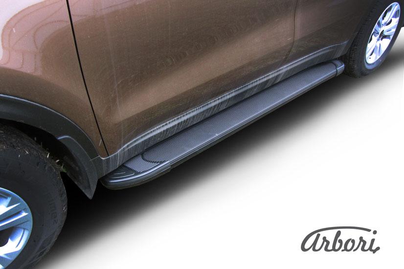 Пороги-подножки алюминиевые Arbori Optima Black черные на KIA Sportage 2016, артикул AFZDAALKSP1601, Arbori (Россия)