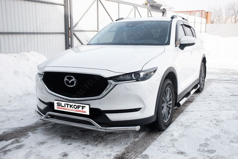 Защита переднего бампера d57+d32 двойная Mazda CX-5 (2017-2023) Black Edition, Slitkoff, арт. MZCX175-01BE