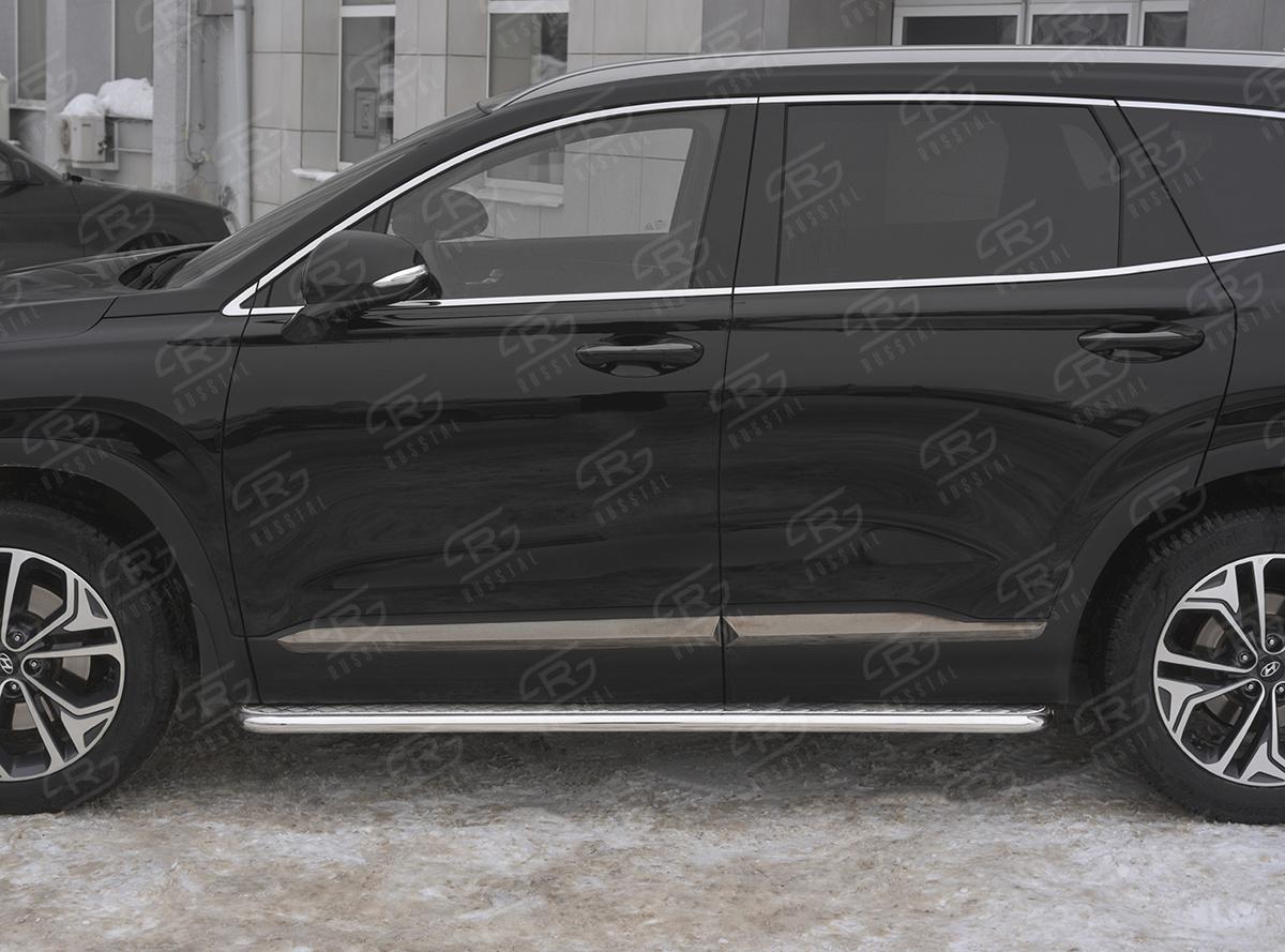 Пороги труба d42 с листом (Лист алюм, проф. нерж) (вариант 1) HSFL-0031721 для автомобиля HYUNDAI SANTA FE 2018-, Slitkoff