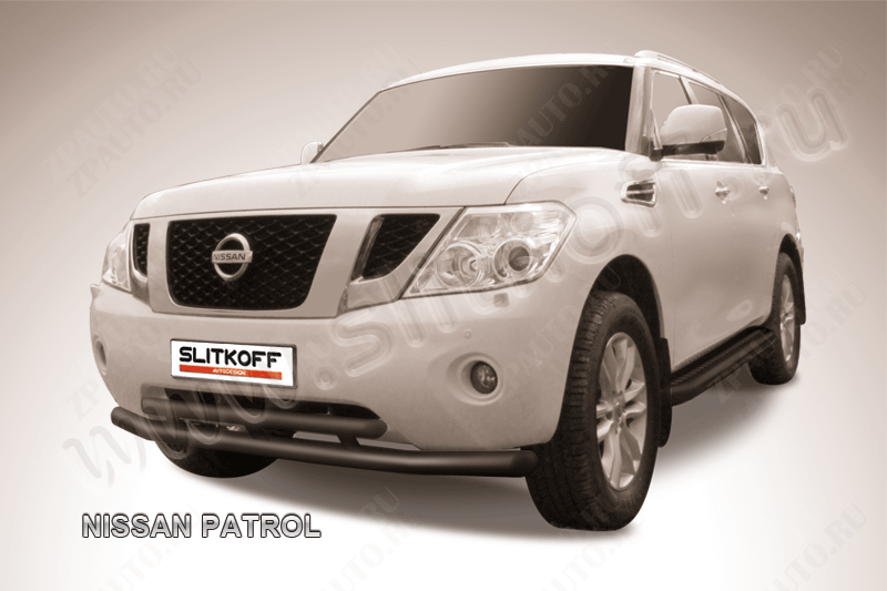 Защита переднего бампера d76+d57 двойная черная Nissan Patrol (2010-2014) , Slitkoff, арт. NIPAT004B