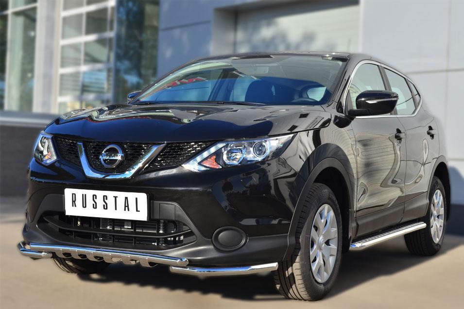 Защита переднего бампера d42/42 уголки с клыками для Nissan Qashqai 2014, Slitkoff NQQZ-001784