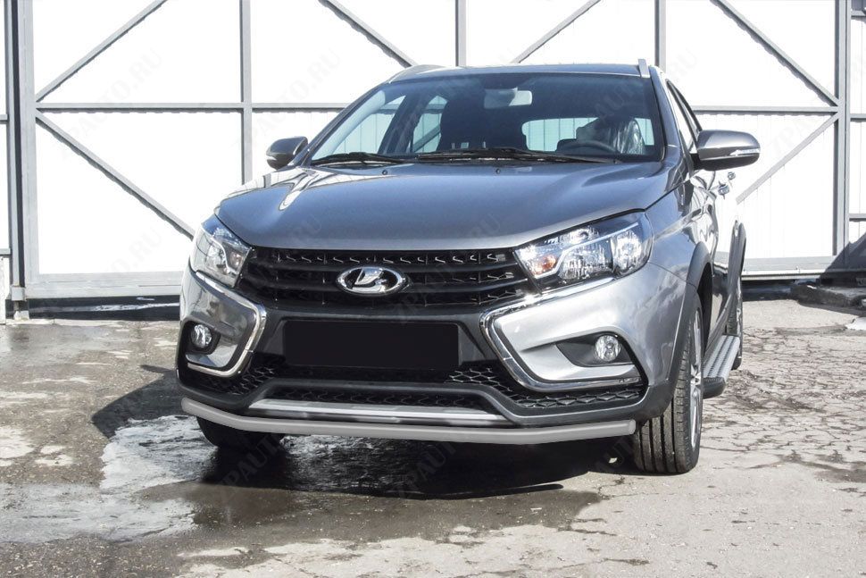 Защита переднего бампера d42 серебристая Lada Vesta SW Cross (2015-2023) , Slitkoff, арт. LadVSWCR03S