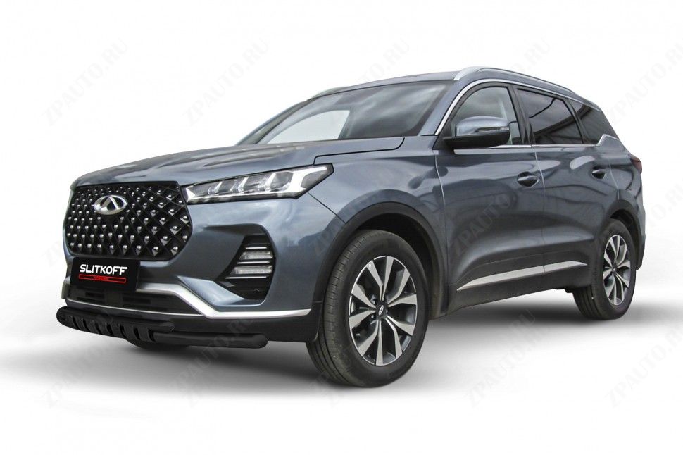 Защита переднего бампера d57+d42 двойная с декоративными элементами черная Chery Tiggo 7 Pro (2020-2023) , Slitkoff, арт. CT7PR-001B