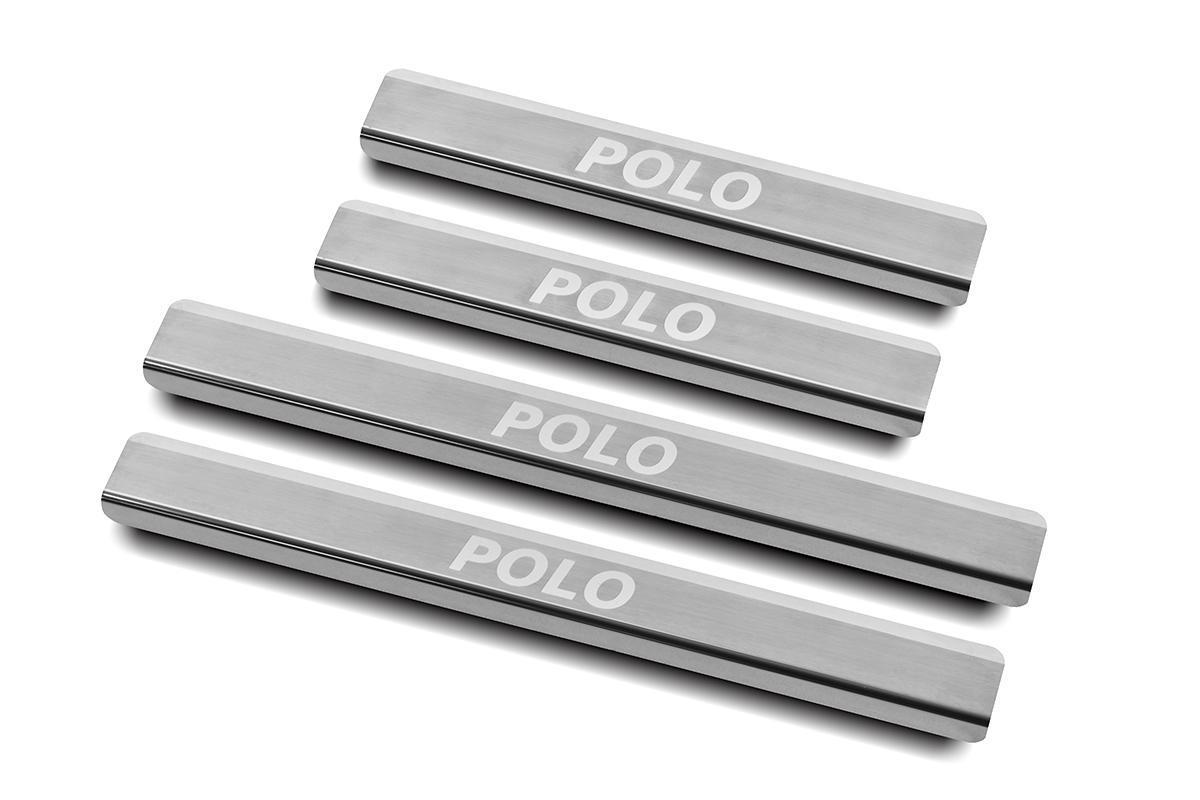 Накладки на пороги RUSSTAL (нерж., шлиф., надпись) VWPOL15-03 для VOLKSWAGEN POLO 2015-2020