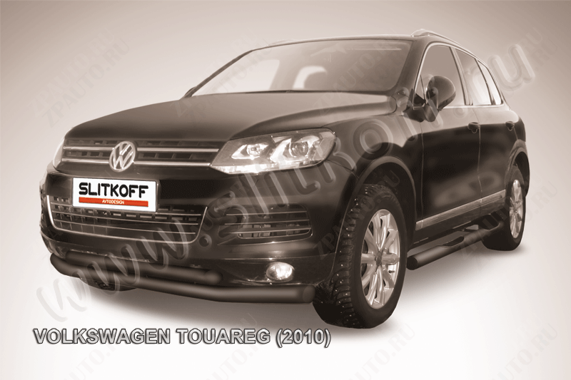 Защита переднего бампера d76+d57 двойная черная Volkswagen Touareg (2010-2014) , Slitkoff, арт. VWTR-002B