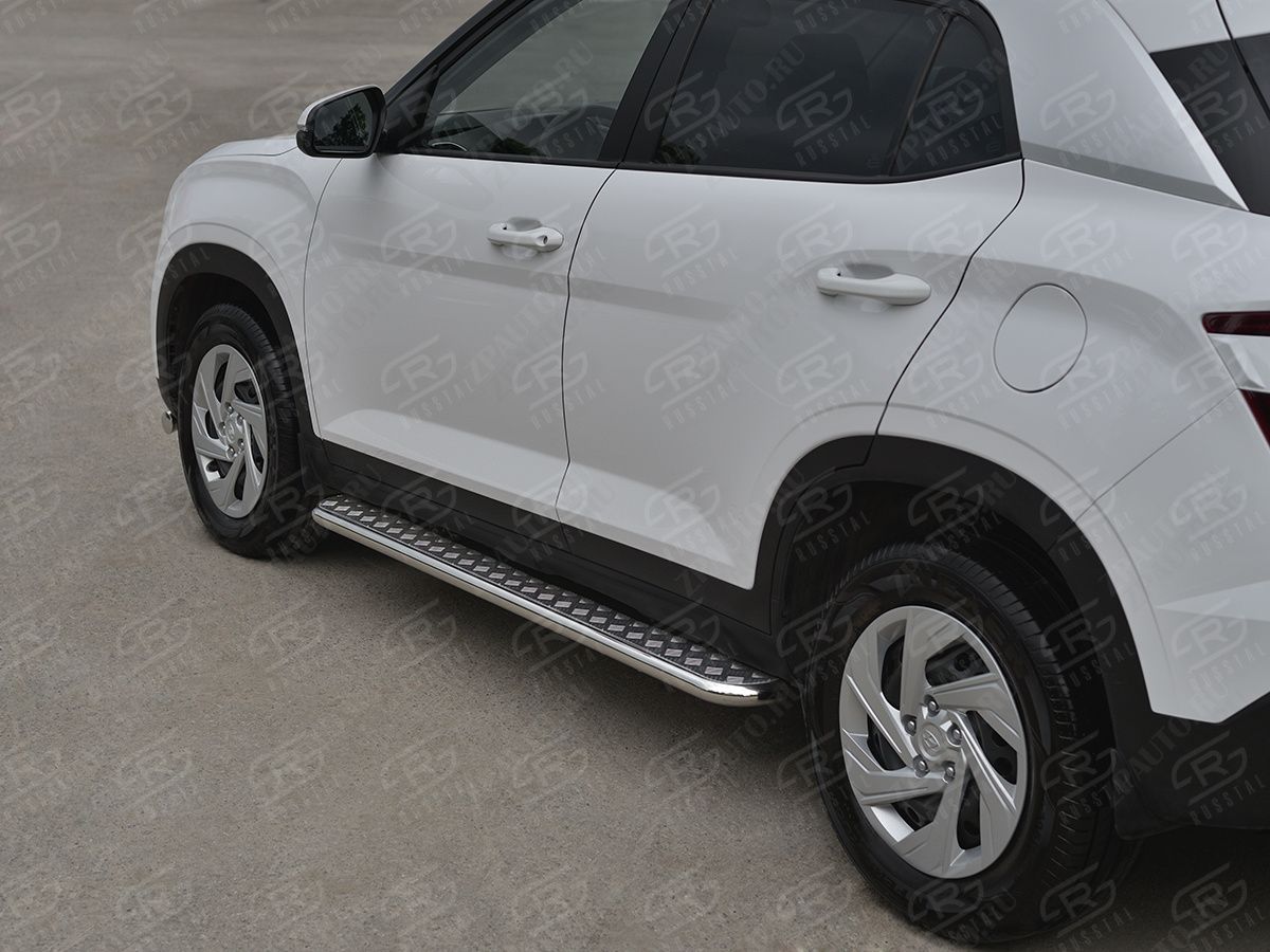 HYUNDAI CRETA 2021- Пороги труба d42 с листом (Лист алюм, проф. нерж) (вариант 1) HCRL-0038221