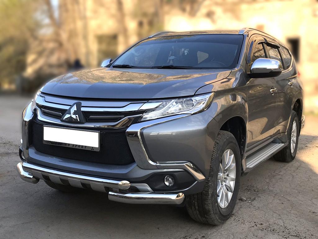 Защита переднего бампера d-76+60 с доп.накладками для автомобиля Mitsubishi Pajero Sport 2016-наст.вр., Технотек, арт. MPS16_1.2