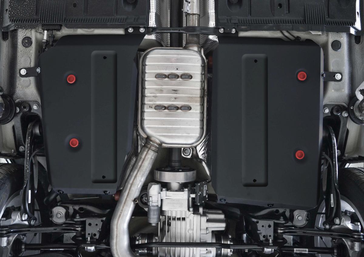 Защита топливного бака АвтоБроня для Volkswagen Taos (V - 1.4 (150 л.с.)) 4WD 2021-н.в., штампованная, сталь 1.8 мм, 2 части, с крепежом, 111.05123.1