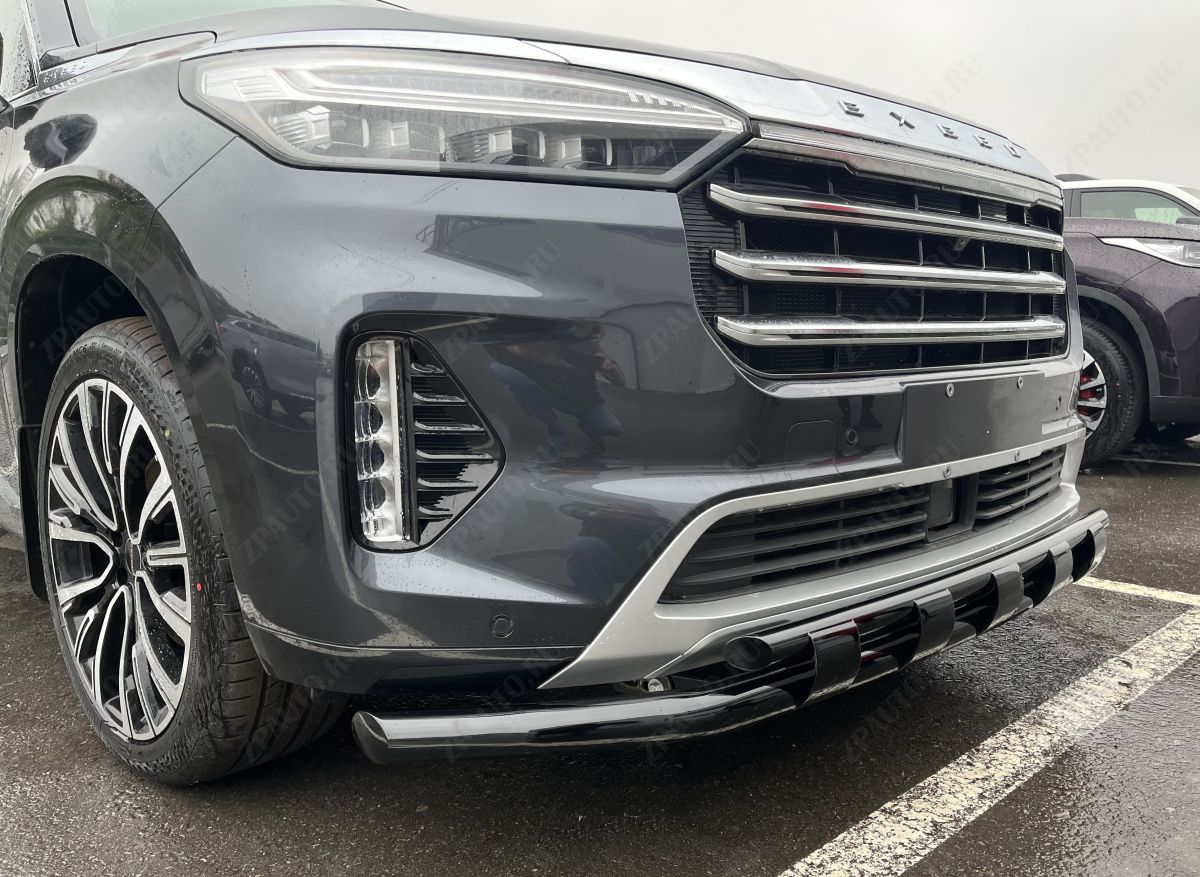 Защита переднего бампера двойная с перемычками с покрытием черный глянец для автомобиля CheryExeed VX 2022 арт. CHEVX.22.75-1