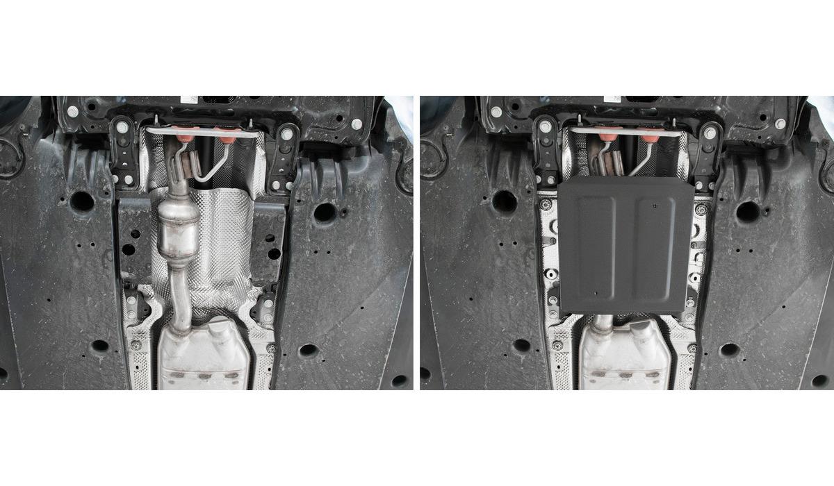 Защита заслонки системы выпуска ОГ АвтоБроня для Skoda Kodiaq (V - 2.0D (150 л.с.)) 2017-2021, штампованная, сталь 1.5 мм, без крепежа, 1.05117.1