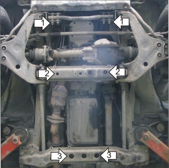 Защита стальная Мотодор (Двигатель, Коробка переключения передач, Передний дифференциал), 2 мм, Сталь для Mitsubishi Montero Sport 1997-2004 арт. 01332