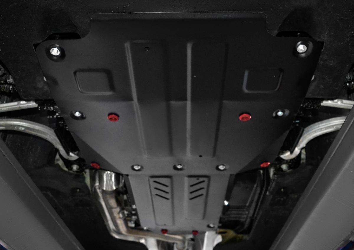 Защита картера, КПП и РК АвтоБроня для Kia Stinger (V - 2.0T; 3.3T) 4WD 2017-н.в., штампованная, сталь 1.8 мм, 2 части, с крепежом, K111.02841.1