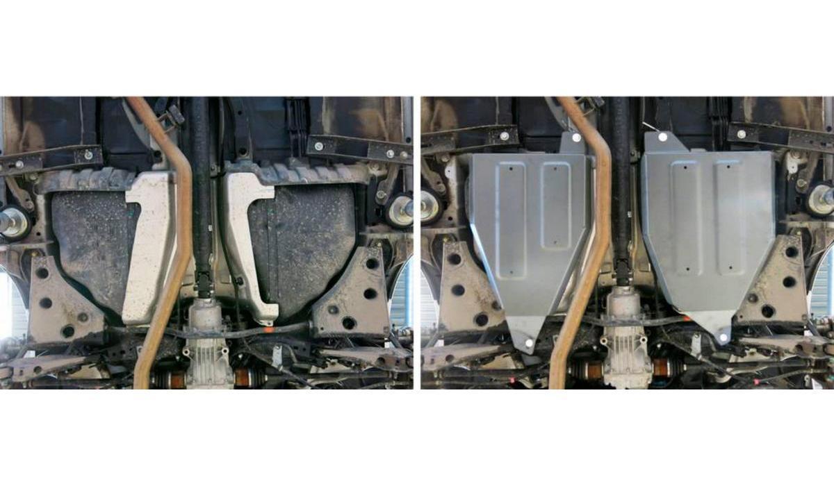 Защита топливного бака Rival для Nissan Murano Z51/52 2007-2016 2016-н.в., штампованная, алюминий 4 мм, с крепежом, 2 части, 333.4159.1