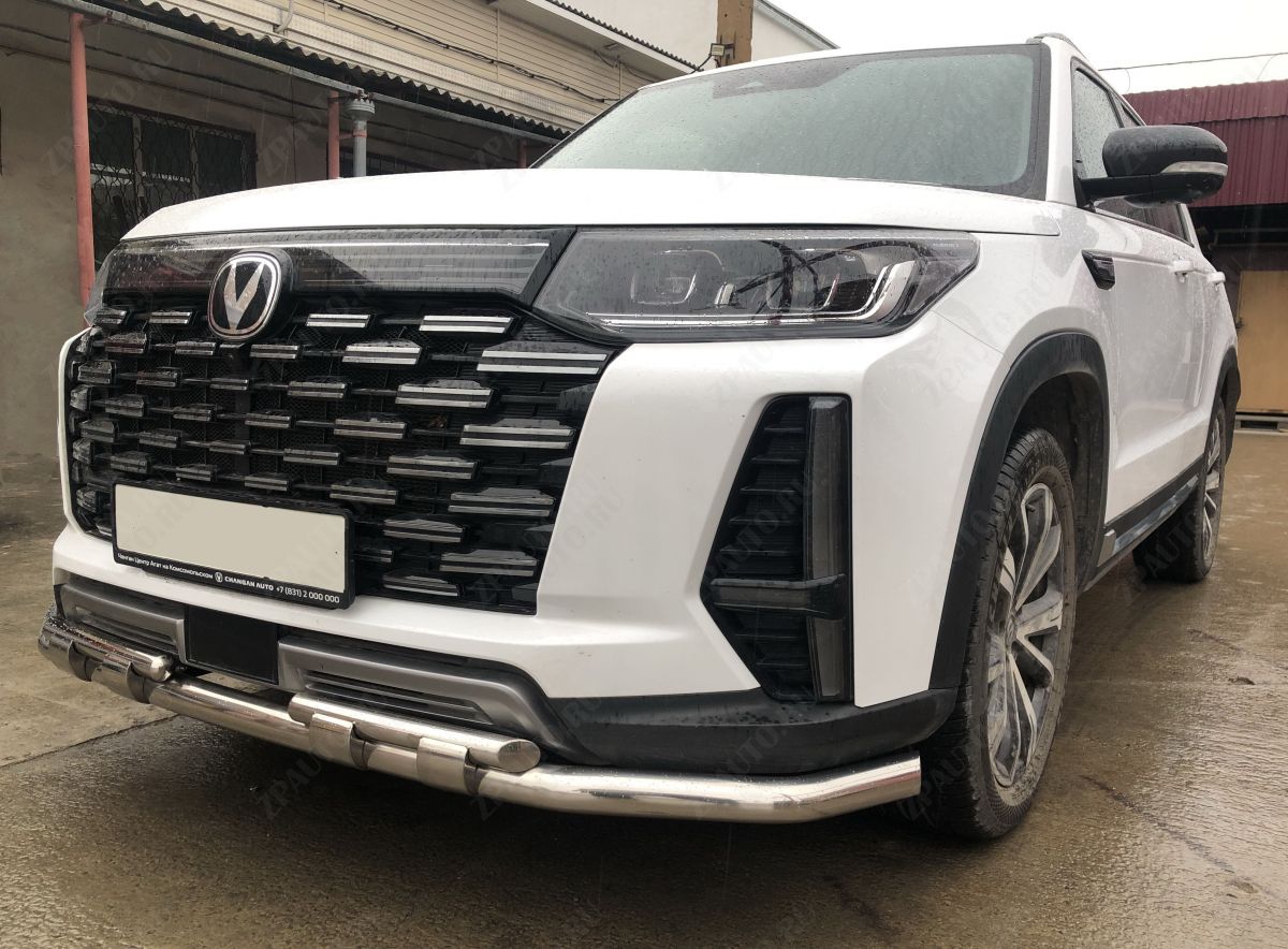 Защита переднего бампера двойная с перемычками с подгибами для автомобиля Changan CS95 2023 арт. CGCS95.23.75-1