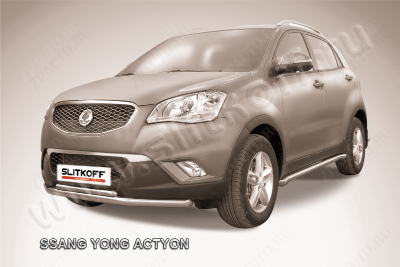 Защита переднего бампера d57+d42 двойная SsangYong Actyon (2010-2013) Black Edition, Slitkoff, арт. SYA003BE